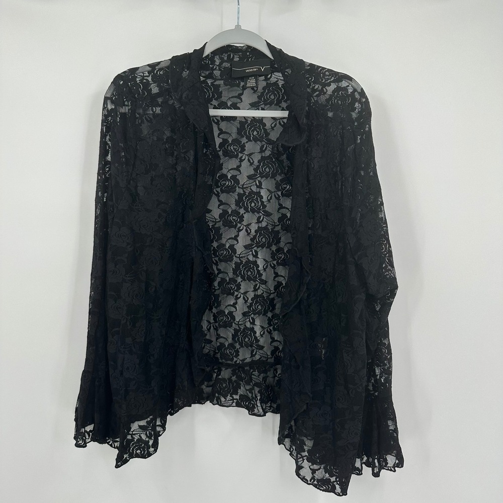 Womens Whimsigoth Dark Coquette Lace Open Front Cardigan Size 22 Romantic Black